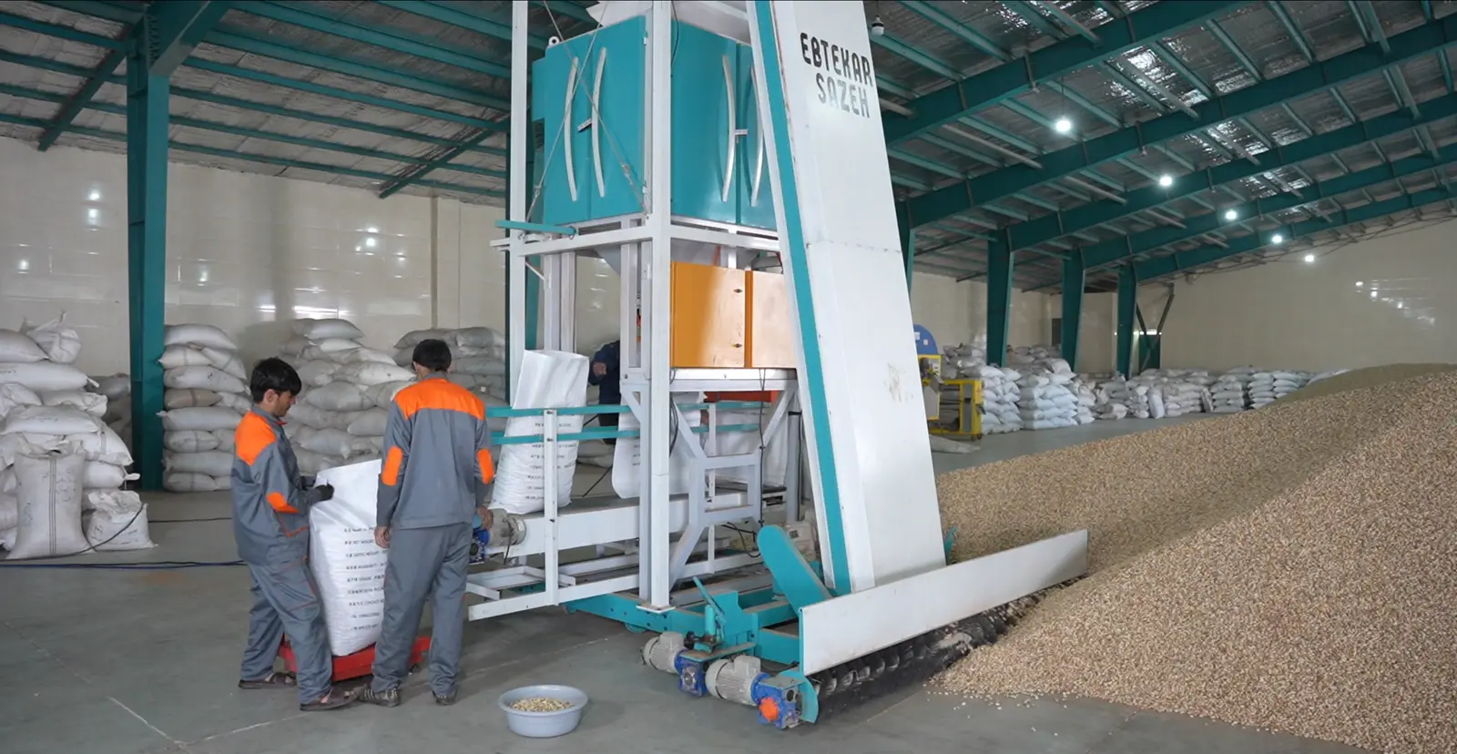 Two workers filling an export bag at the bagging station