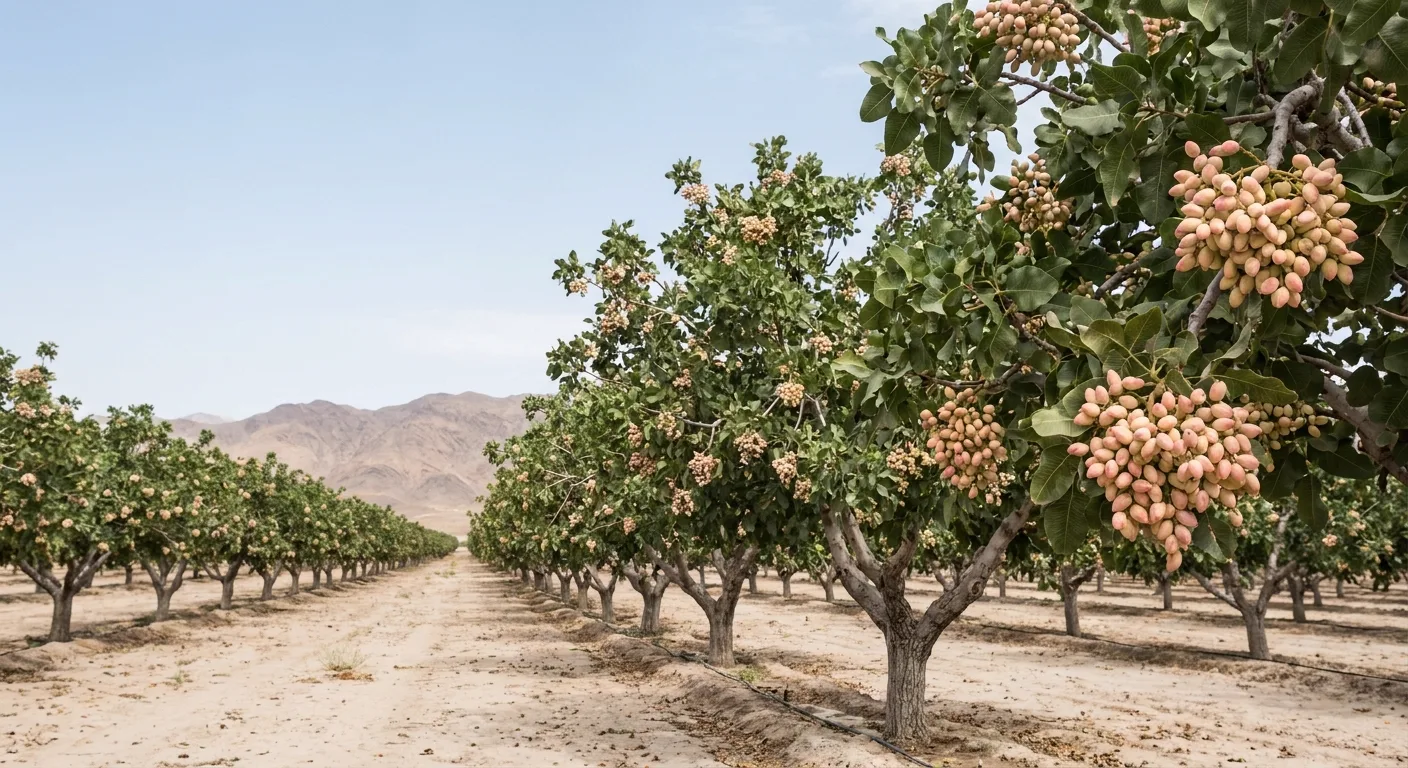 Pistachio orchard at harvest time, trees heavy with ripe clusters